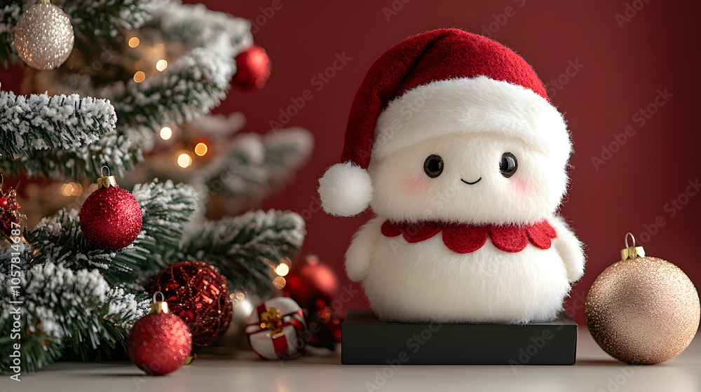 Adorable Cotton Santa Monster in a Festive Setting with Christmas Tree and Customizable Text Space Adorable Cotton Santa Monster in a Festive Setting with Christmas Tree and Customizable Text Space