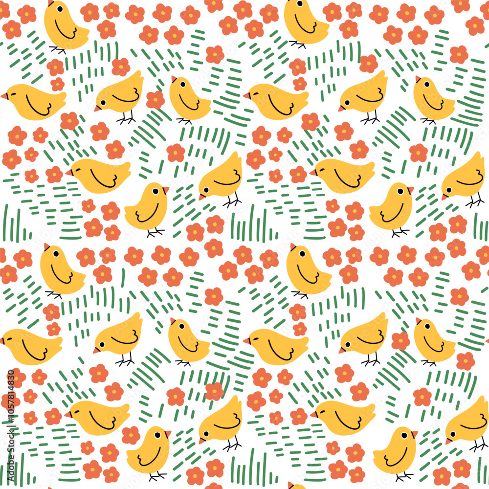 Seamless pattern with little chickens and flowers. Cute chicks with different smiles. Festive endless vector background for Easter or birthday. Endless texture for wallpaper, wrapping paper, fabric Seamless pattern with little chickens and flowers. Cute chicks with different smiles. Festive endless vector background for Easter or birthday. Endless texture for wallpaper, wrapping paper, fabric