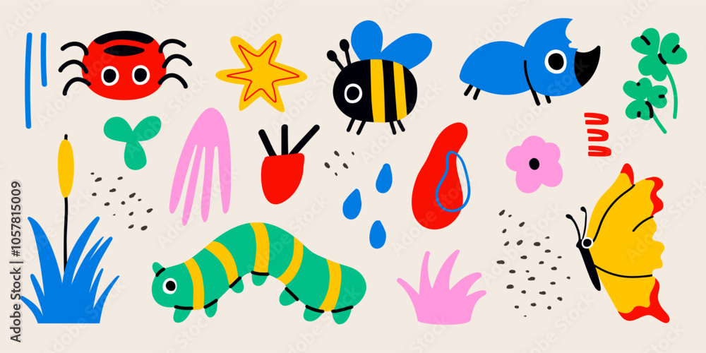 Cute bugs. Child drawing insects, flying butterflies and baby ladybird. Flower butterfly, fly insect and beetle. flat vector isolated icons set Cute bugs. Child drawing insects, flying butterflies and baby ladybird. Flower butterfly, fly insect and beetle. flat vector isolated icons set