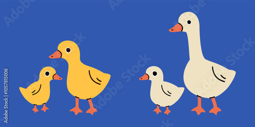 Flair cardboard goose family in flat style isolated on background. Mother and little birds. Farm animals. Vector illustration.