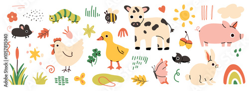 Farm animal. Cows, pigs and hens, rabbit, duck. Cute hand drawn funny contemporary drawing livestock, milk and meat, standing mammal, cartoon flat isolated vector illustration