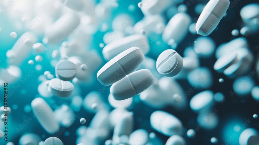 Floating white pills in abstract medical background Floating white pills in abstract medical background