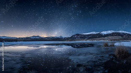 A Spectacular Aurora Borealis Dancer in a Serene Icy Landscape Underneath a Sky Full of Stars