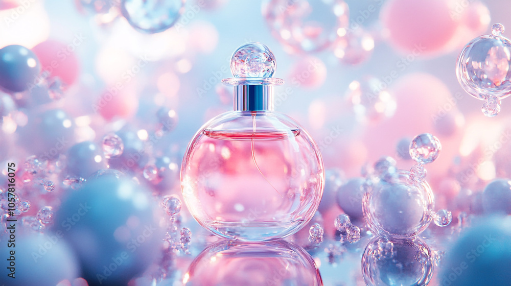 Pink Perfume Bottle with Abstract Bubbles Background Pink Perfume Bottle with Abstract Bubbles Background