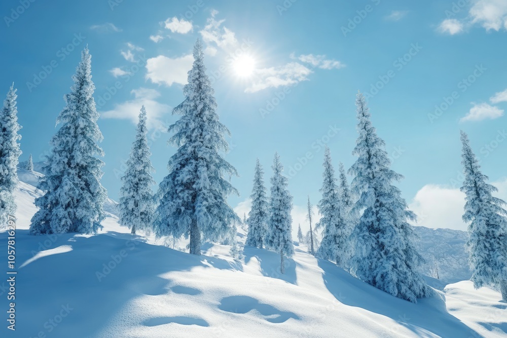 Winter snow covered fir trees on mountainside on blue sky with sun shine background Winter Winter snow covered fir trees on mountainside on blue sky with sun shine background Winter
