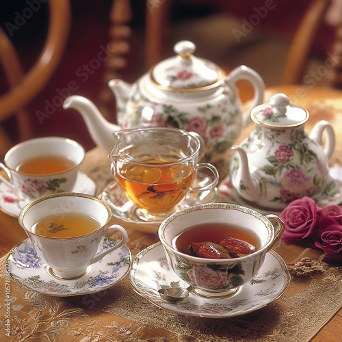 Features: Teapots, cups, saucers, and infusers. Service may also include loose leaf tea and tea bags