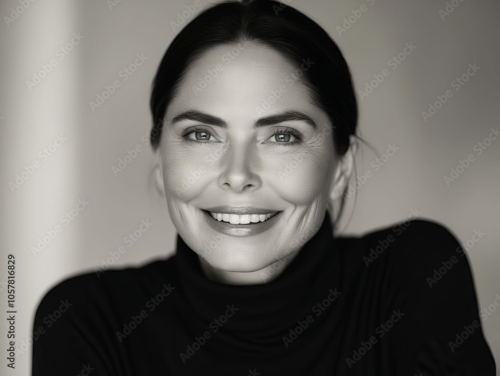 A black and white photo of a woman smiling A black and white photo of a woman smiling