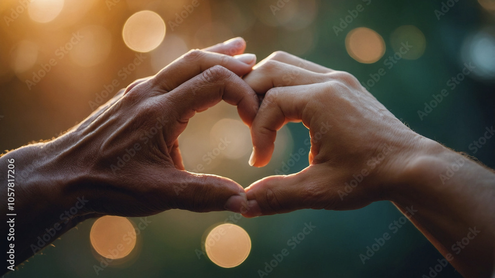 Close-up of two hands forming a heart shape, symbolizing love and connection, with warm sunset bokeh. Close-up of two hands forming a heart shape, symbolizing love and connection, with warm sunset bokeh.