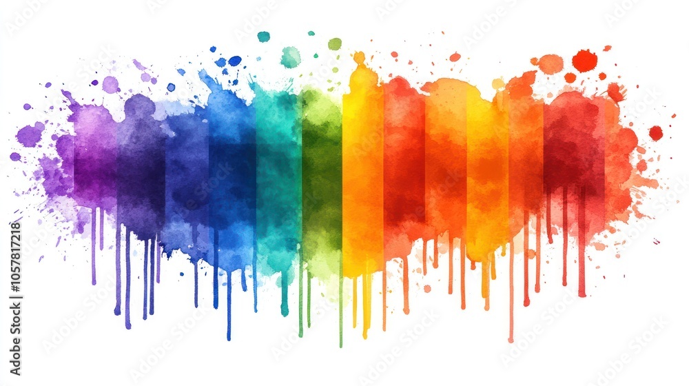 Fototapeta premium Colorful watercolor stripes with splatters and drips on white background.