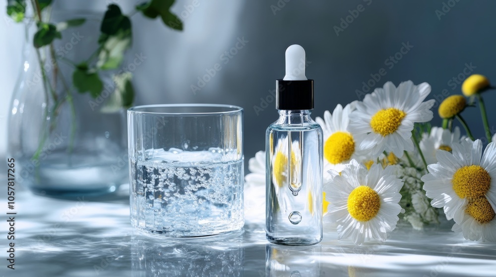 Facial serum with dropper bottle placed next to a glass of water and fresh flowers, symbolizing moisture and skin nourishment. Facial serum with dropper bottle placed next to a glass of water and fresh flowers, symbolizing moisture and skin nourishment.