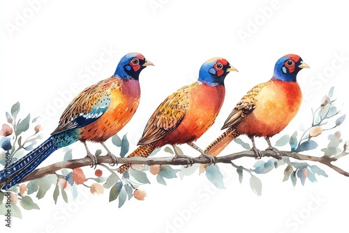Three colorful birds perched on a branch, showcasing vibrant plumage and natural beauty.