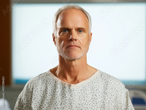 Middle-aged man in hospital gown with calm expression in clinical setting, symbolizing health and care