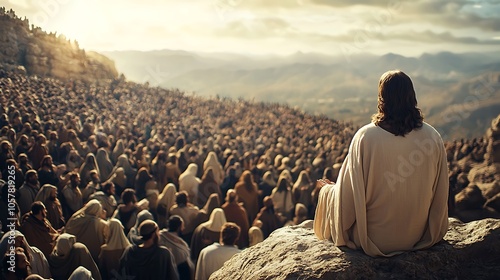Jesus Preaching: Jesus sitting on a rock, preaching to a large crowd on a mountain, captured from behind.