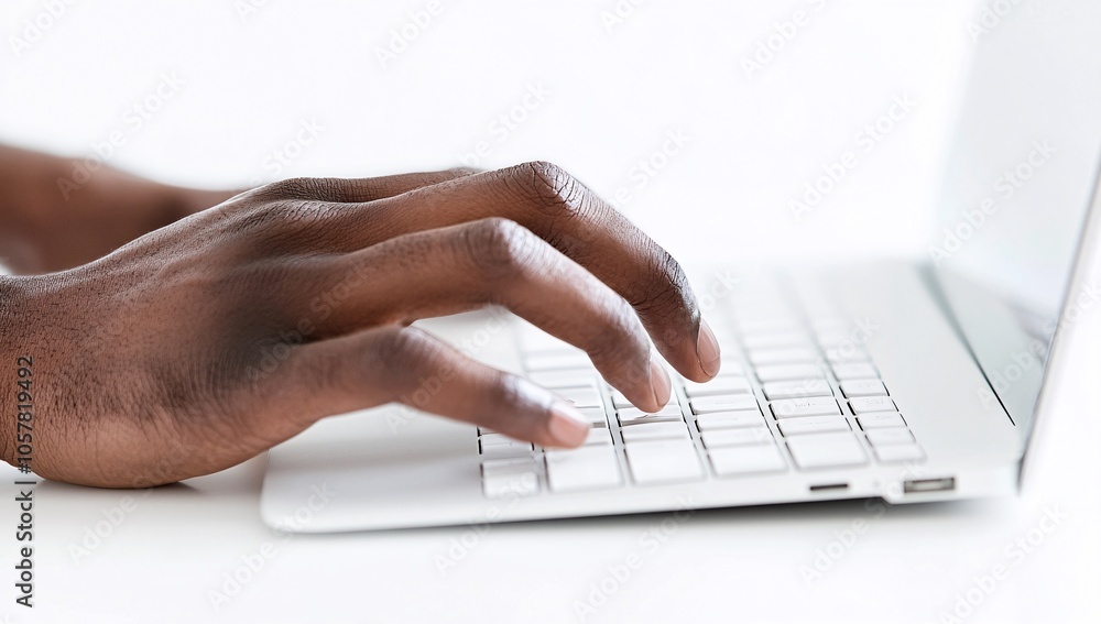 A close-up view of a hand typing on a laptop keyboard at a minimalist desk during daylight hours A close-up view of a hand typing on a laptop keyboard at a minimalist desk during daylight hours