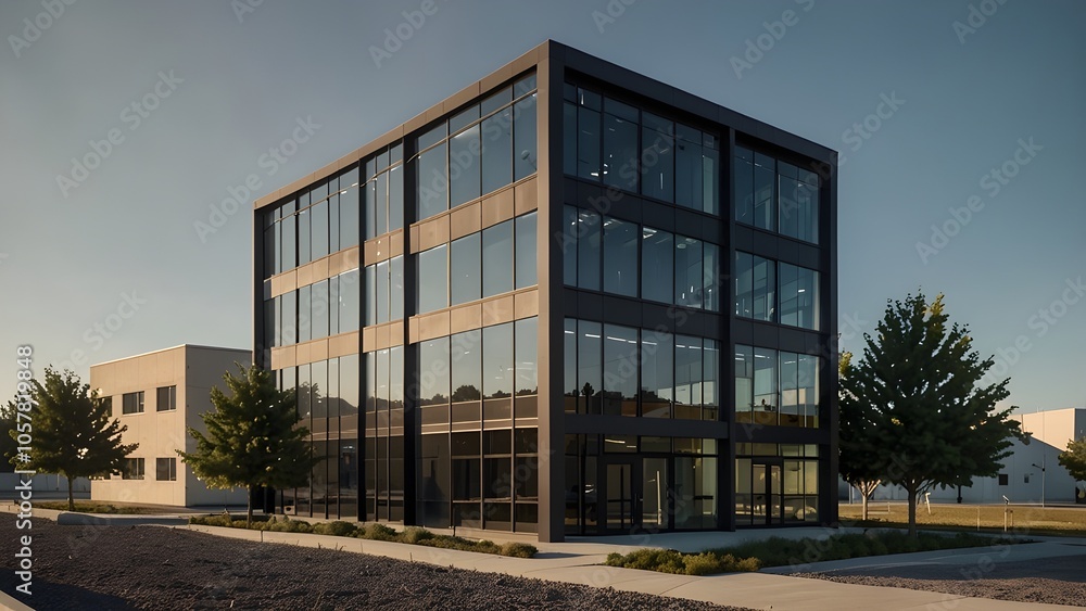 Two-story office building with a modern, compact, industrial, minimalist design that includes glass Two-story office building with a modern, compact, industrial, minimalist design that includes glass