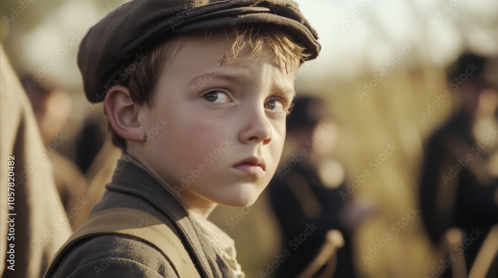 Young boy with a hat and a vest stands in a field with other people Young boy with a hat and a vest stands in a field with other people