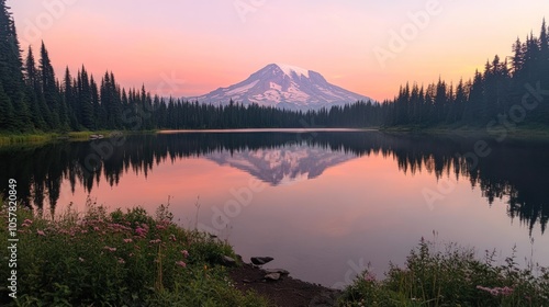 A majestic mountain reflected in a still lake at sunset, with a soft pink and purple sky.