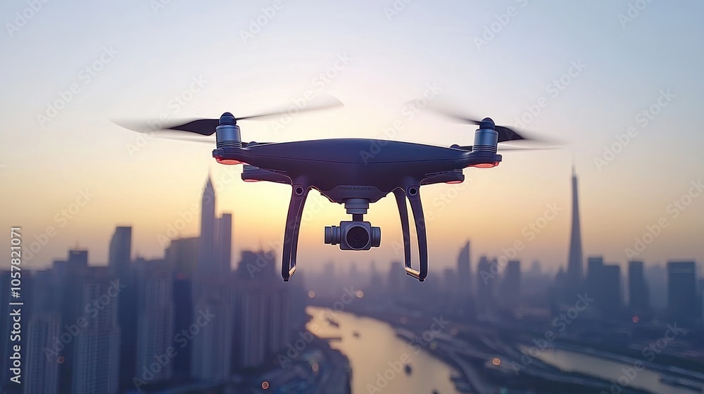 Drone flying over city skyline at sunrise. Drone flying over city skyline at sunrise.