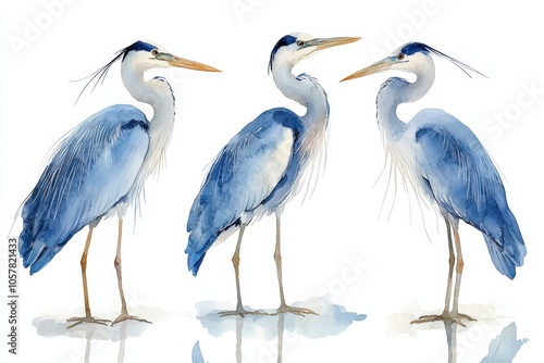Three elegant blue herons depicted in watercolor style, showcasing their graceful forms.