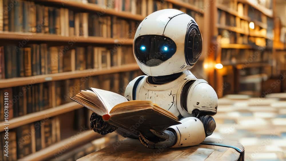 Humanoid robot engrossed in a book in a library