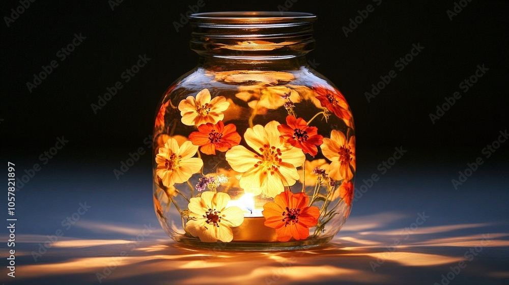 A glass jar with a lit candle inside and pressed flowers on the outside. A glass jar with a lit candle inside and pressed flowers on the outside.