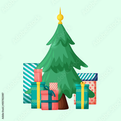 New Year illustration of decorated fir tree surrounded by wrapped New Year gifts. Vector image of festive tree with many beautiful gifts around it.