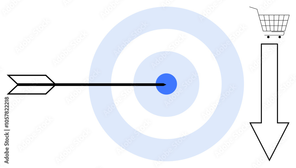 Bullseye with arrow in center, shopping cart on arrow tip Ideal for targeting, marketing, business strategy, precision, online shopping Simple clean vector style Bullseye with arrow in center, shopping cart on arrow tip Ideal for targeting, marketing, business strategy, precision, online shopping Simple clean vector style