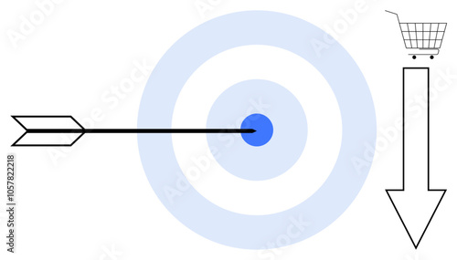 Bullseye with arrow in center, shopping cart on arrow tip Ideal for targeting, marketing, business strategy, precision, online shopping Simple clean vector style