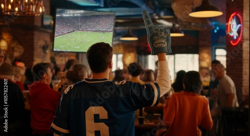 A person in a football jersey holding a foam finger and cheering in a sports bar with a big screen showing the game. The crowded background captures the communal spirit of game day photo