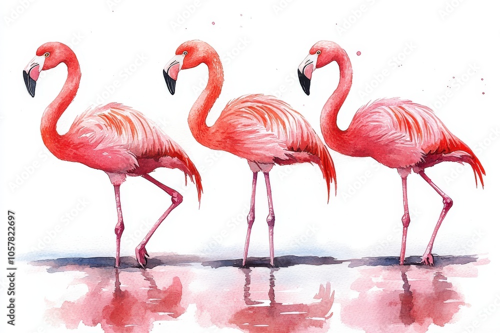 Obraz premium Three pink flamingos standing gracefully in a watercolor style.