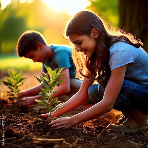 Children planting small trees in a green field with sunlight