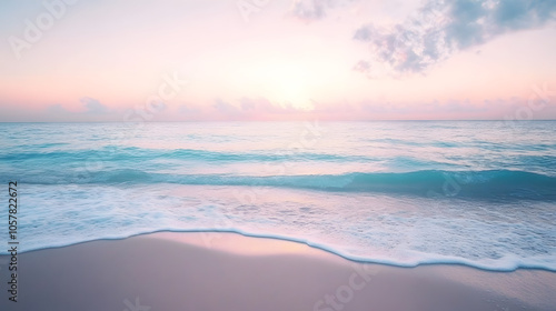 Dawn Over the Ocean: A Cherished Reverie as Gentle Waves Embrace the Sandy Shore Beneath a Pastel Horizon