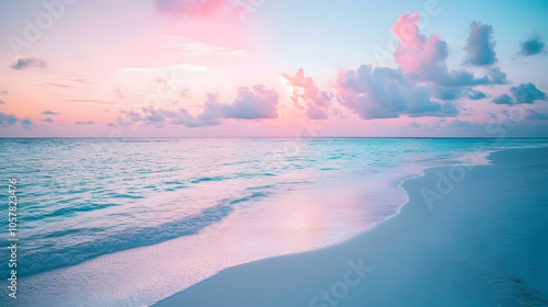 A Dreamy Beach at Dusk Where Calm Meets the Sea Under an Ambrosial Sky photo