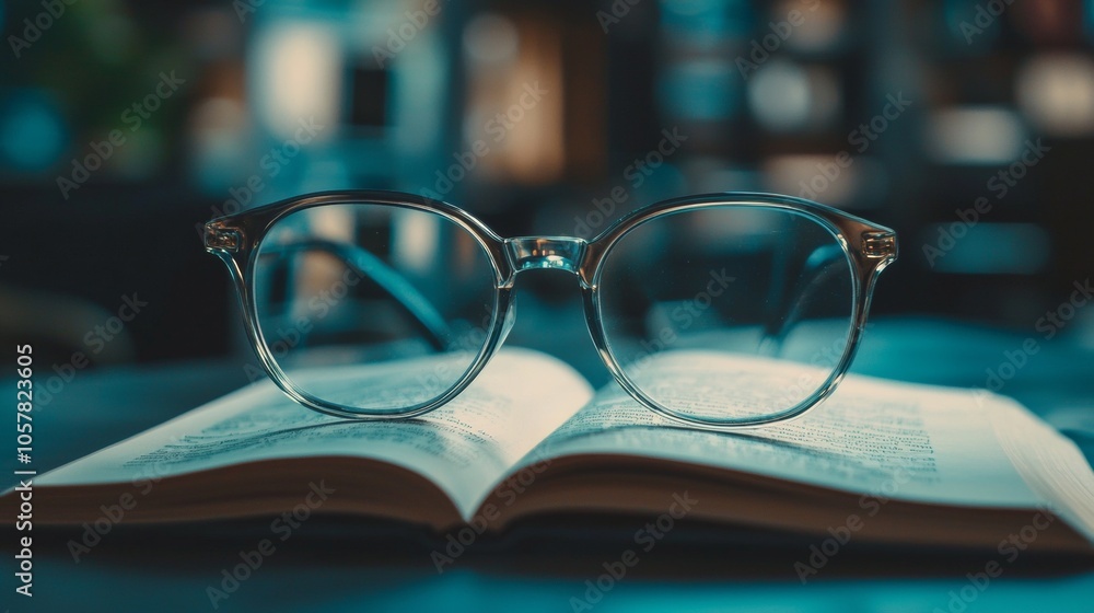 Reading glasses on open book with ambient light Reading glasses on open book with ambient light
