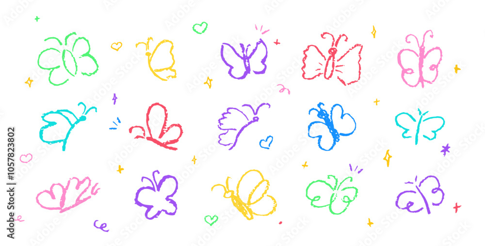 Set of butterflies drawing by pastel or charcoal pencil. Colorful chalk line butterfly simple element on white chalkboard background. Like children's drawing cute fly collection. Vector illustration. Set of butterflies drawing by pastel or charcoal pencil. Colorful chalk line butterfly simple element on white chalkboard background. Like children's drawing cute fly collection. Vector illustration.