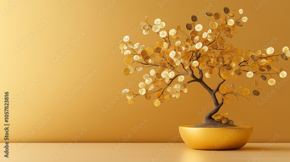 A playful, cartoon-inspired image of a tiny bonsai tree crafted from gold, with branches covered in shining Chinese coins. The coins appear as small, rounded leaves with intricate