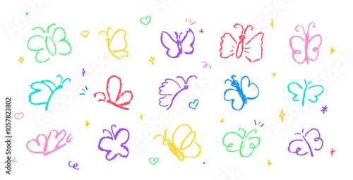 Set of butterflies drawing by pastel or charcoal pencil. Colorful chalk line butterfly simple element on white chalkboard background. Like children's drawing cute fly collection. Vector illustration.