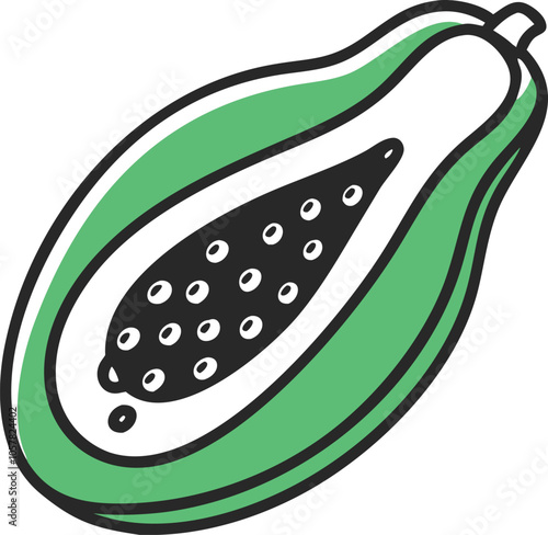 Papaya Illustration with Seeds and Orange Flesh, Colorful illustration of a halved papaya, showing vibrant orange flesh and black seeds, symbolizing tropical fruit and healthy eating.