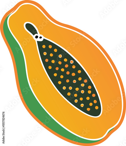 Papaya Illustration with Seeds and Orange Flesh, Colorful illustration of a halved papaya, showing vibrant orange flesh and black seeds, symbolizing tropical fruit and healthy eating.
