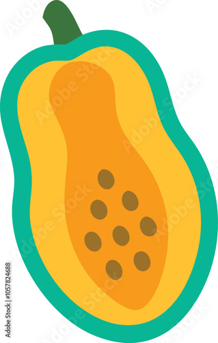 Papaya Illustration with Seeds and Orange Flesh, Colorful illustration of a halved papaya, showing vibrant orange flesh and black seeds, symbolizing tropical fruit and healthy eating.
