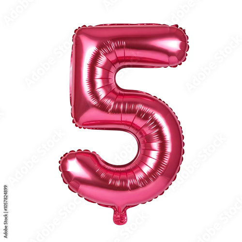 Realistic 3D pink number 5 five shaped balloon isolated on white background 