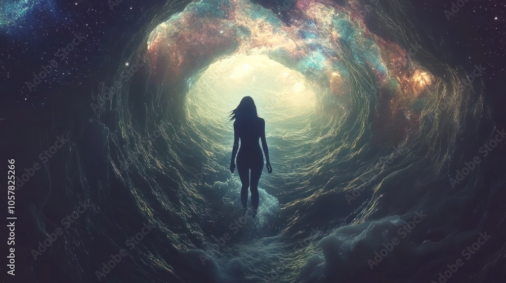 A woman walks towards a bright, colorful cosmic portal in a dark, cloudy cave. A woman walks towards a bright, colorful cosmic portal in a dark, cloudy cave.