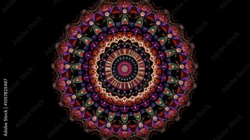 Obraz premium A colorful circular mandala mosaic features intricate designs, radiating a spiritual and harmonious aura while showcasing a traditional yet vibrant artistic flair.