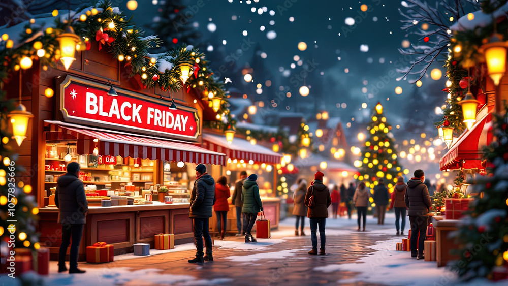 Festive Black Friday market scene with holiday decorations and shoppers Festive Black Friday market scene with holiday decorations and shoppers