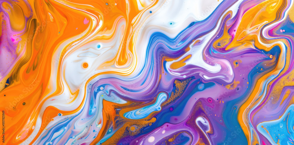Abstract fluid art background with swirling colors and patterns in orange, blue, purple, yellow, white, pink, red, and gold. Abstract fluid art background with swirling colors and patterns in orange, blue, purple, yellow, white, pink, red, and gold.