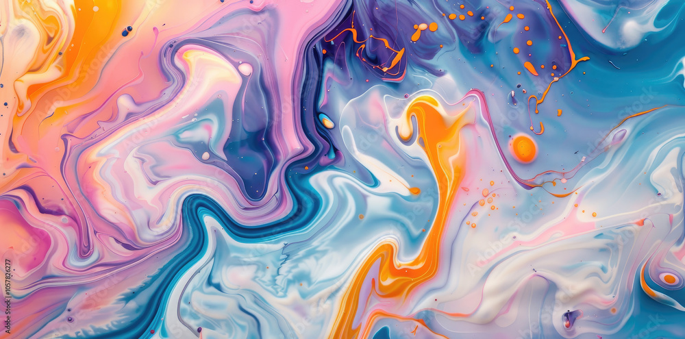 Fototapeta premium Abstract fluid art background with swirling colors and patterns in orange, blue, purple, yellow, white, pink, red, and gold.