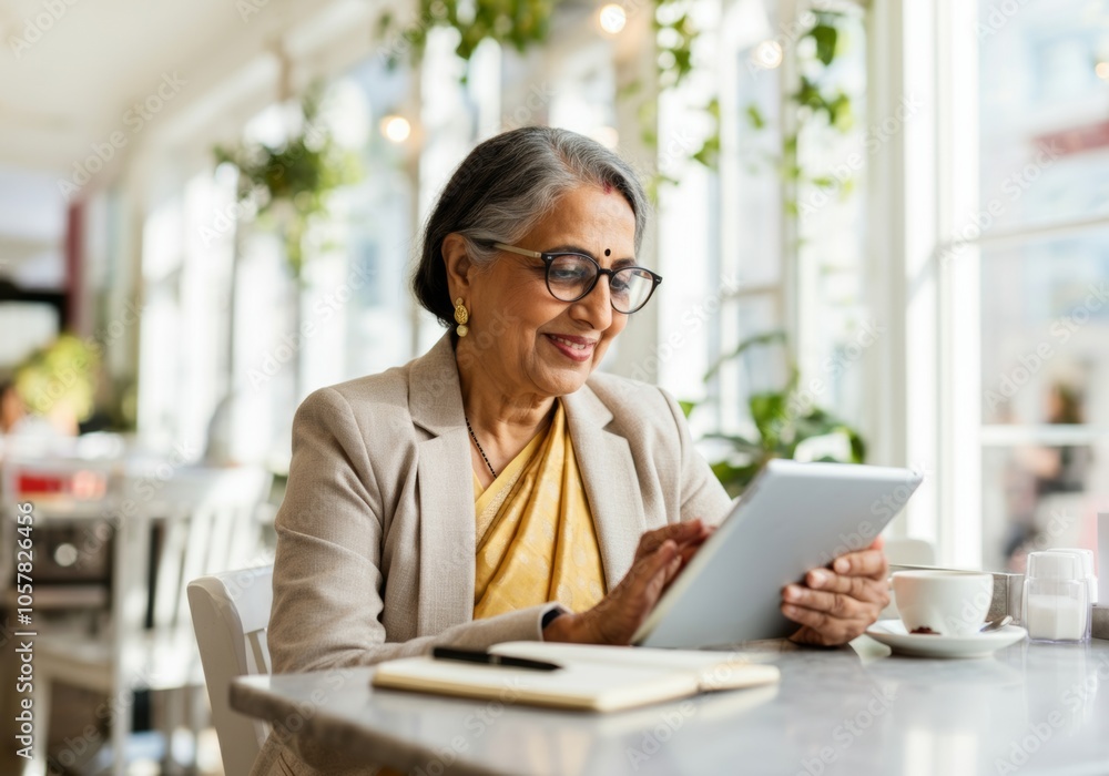 Senior Indian woman in cafe using digital tablet with coffee and notebook Senior Indian woman in cafe using digital tablet with coffee and notebook