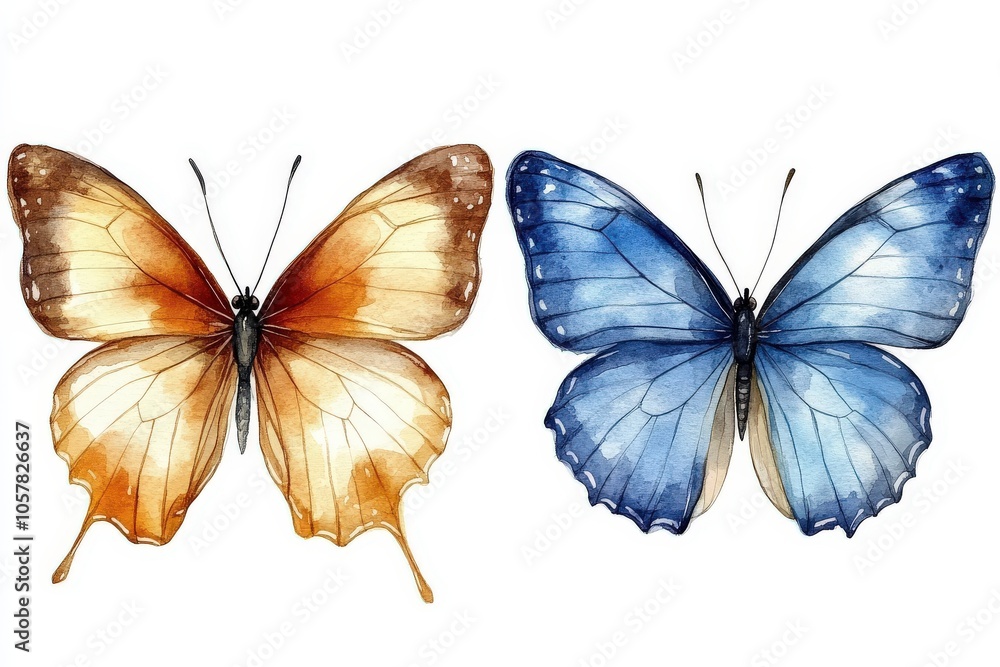 Fototapeta premium Two beautifully illustrated butterflies in orange and blue watercolor styles.