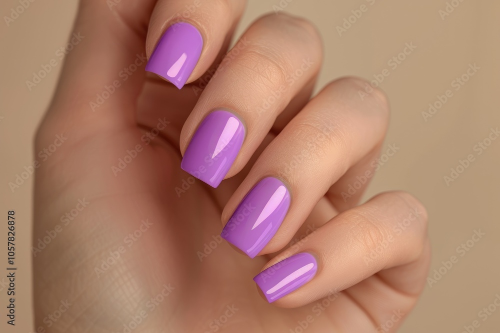 Beautiful manicure with violet gel polish on beige background. Beautiful manicure with violet gel polish on beige background.
