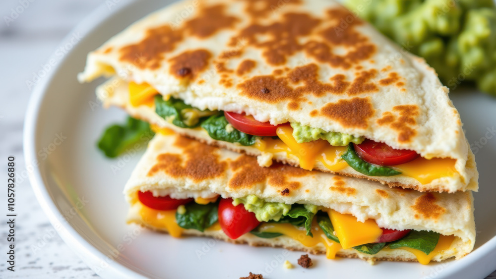 A stack of cheesy quesadillas with melted cheese, spinach, and tomato on a white plate. A stack of cheesy quesadillas with melted cheese, spinach, and tomato on a white plate.